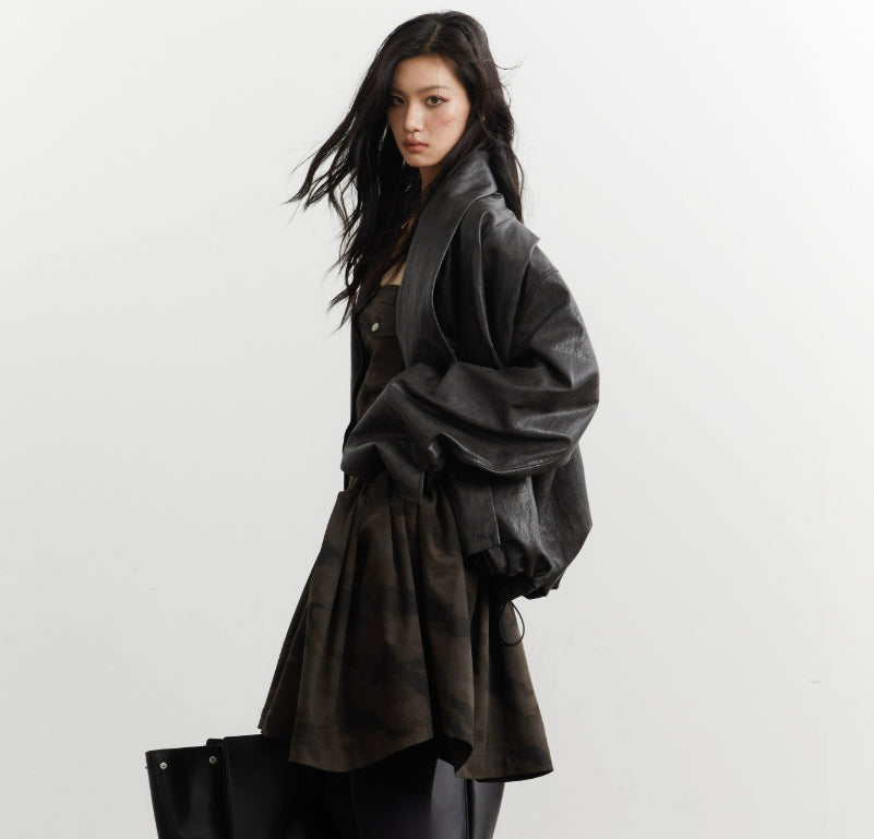 Gender-neutral Pleated Silhouette Ebony-brown Faux Leather PU Jacket
