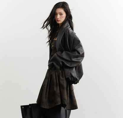 Gender-neutral Pleated Silhouette Ebony-brown Faux Leather PU Jacket