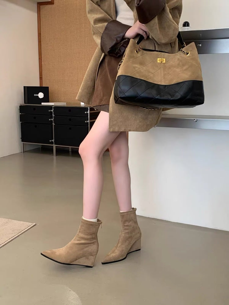 Women's European & American Style Wedge Pointed Toe Fashion Boots, New Summer Arrival, Elegant Back Zipper Versatile Soft Leather Ankle Martin Boots