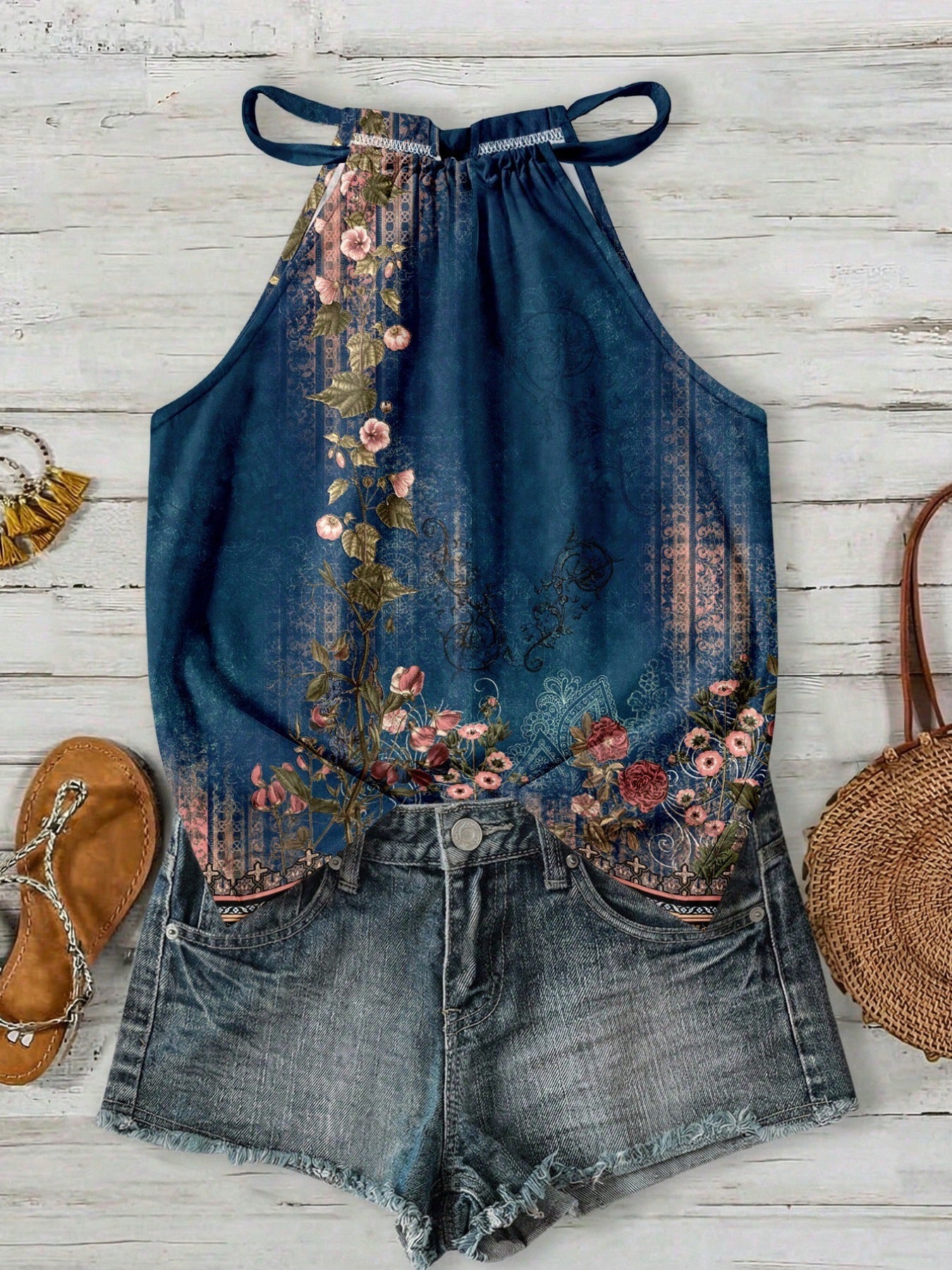 Womens Casual Resort-style Halter-neck Sleeveless Tank Top