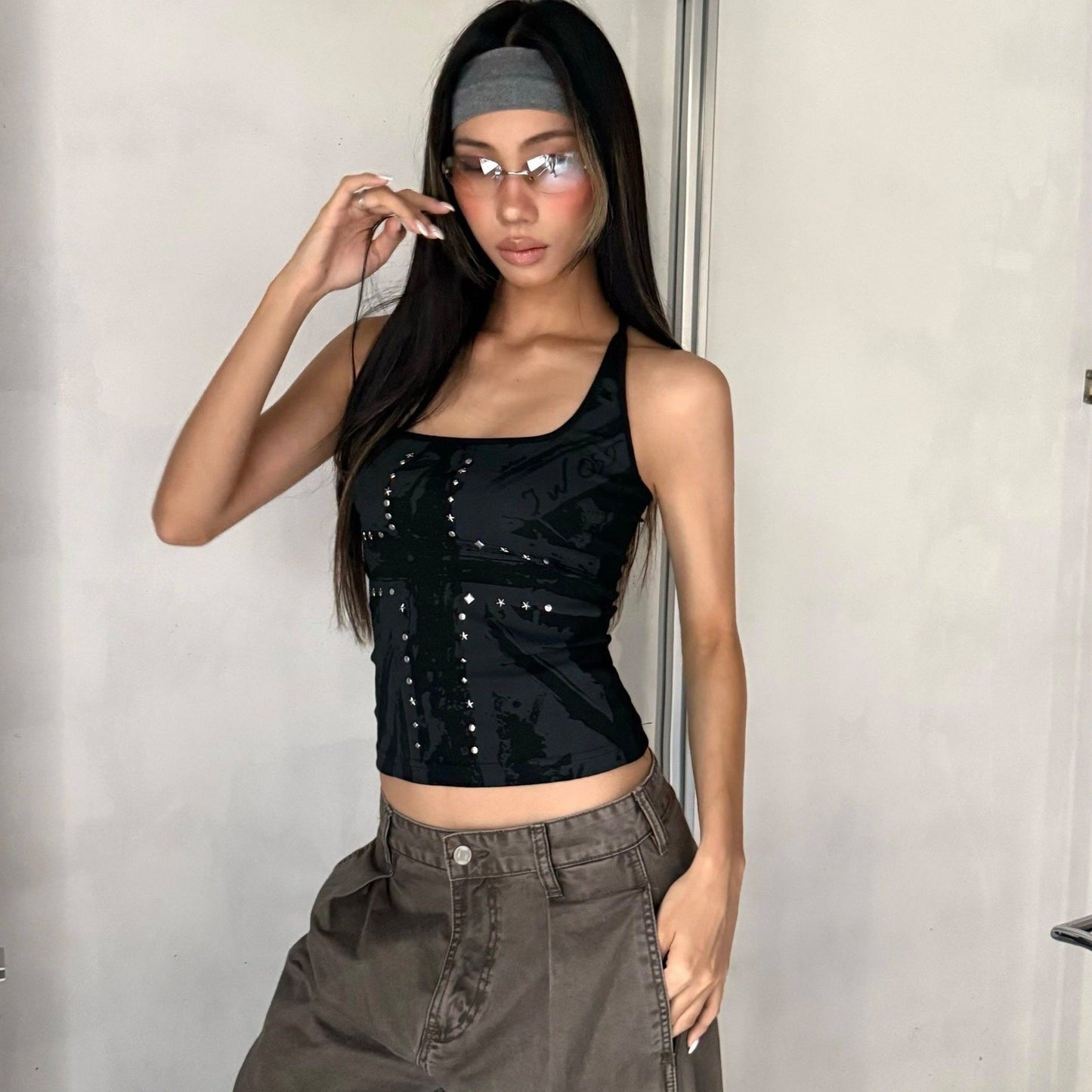 Cross-printed Studded Halter Vest Figure-hugging Sexy Sleeveless Top