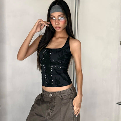 Cross-printed Studded Halter Vest Figure-hugging Sexy Sleeveless Top