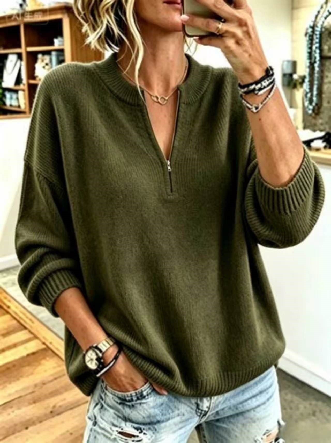 Korean-style Casual Stand-collar Half-zip Sweater For Women