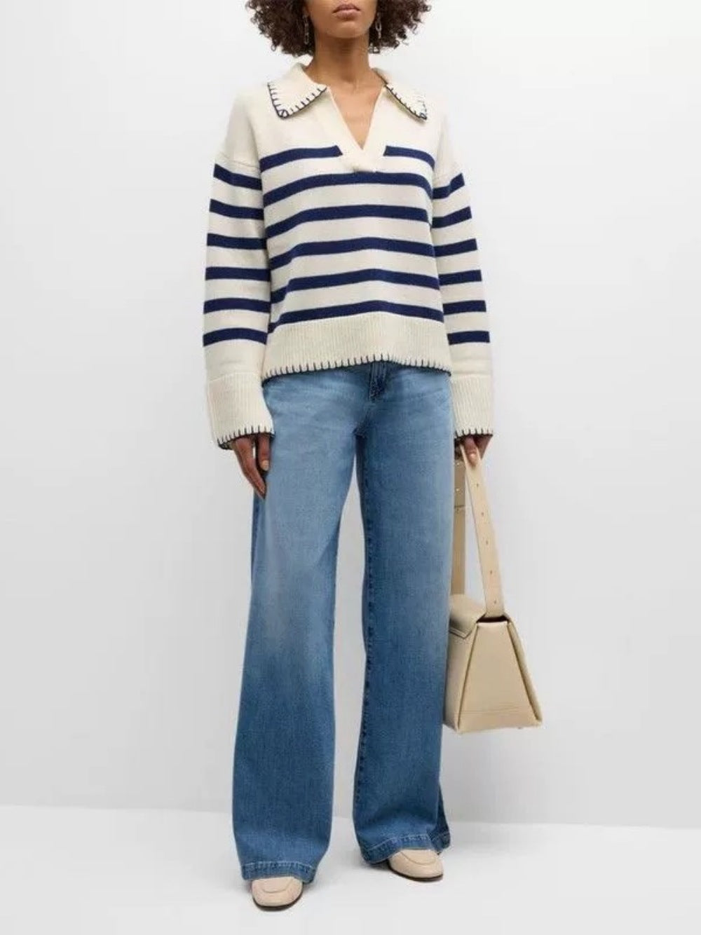 2024 Autumn And Winter Cross-border Amazon Loose Stripe Contrast POLO Collar Pullover Sweater New Inter-color Knitted Sweater For Women
