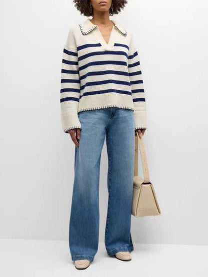 2024 Autumn And Winter Cross-border Amazon Loose Stripe Contrast POLO Collar Pullover Sweater New Inter-color Knitted Sweater For Women