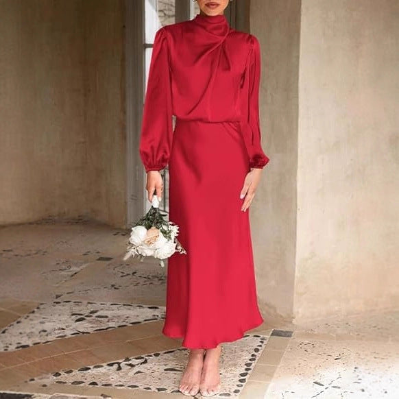 Elegant Temperament Long-sleeved Dress Satin Halterneck Formal Evening Dresses Women Clothing