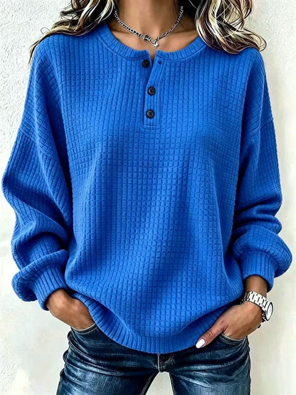 Womens Plaid Casual Loose-fit Crew-neck Long-sleeve Sweatshirt With Buttons