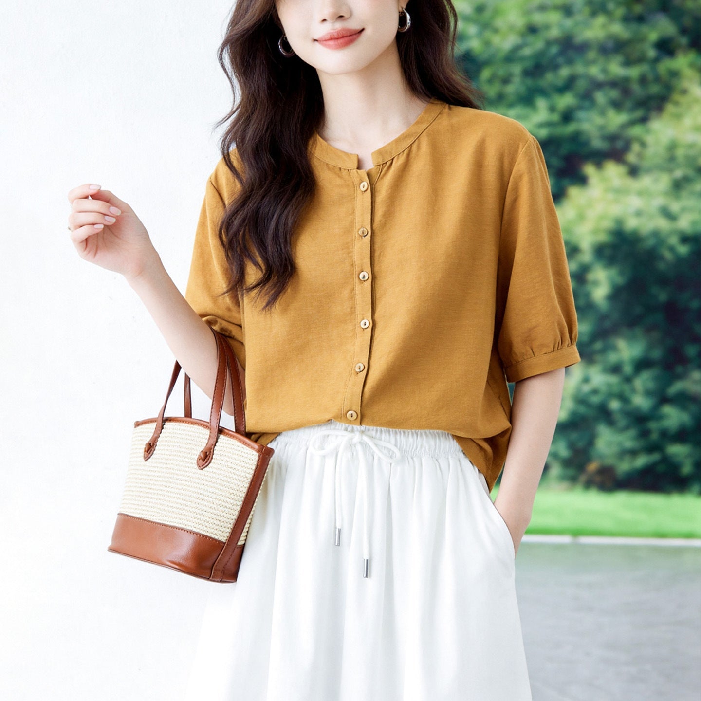 Retro Cotton-linen Blouse For Women Three-quarter Sleeves Arrival Round Neck