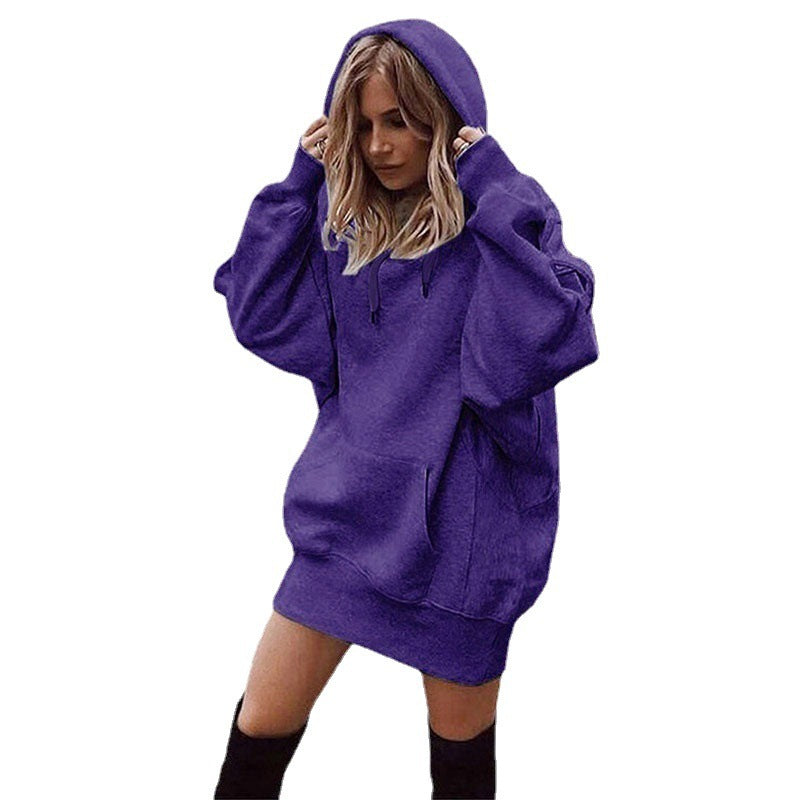 Women's Solid Color Pullover Hooded Loose Fleece Sweater