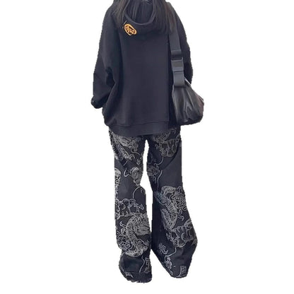 American-style Vintage Edgy Dragon-print Slimming Wide-leg Denim Pants