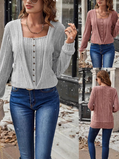 Women's Clothing Spring And Autumn New T-Shirt Casual Fashion Button Loose Long-Sleeved Solid Color Knitwear