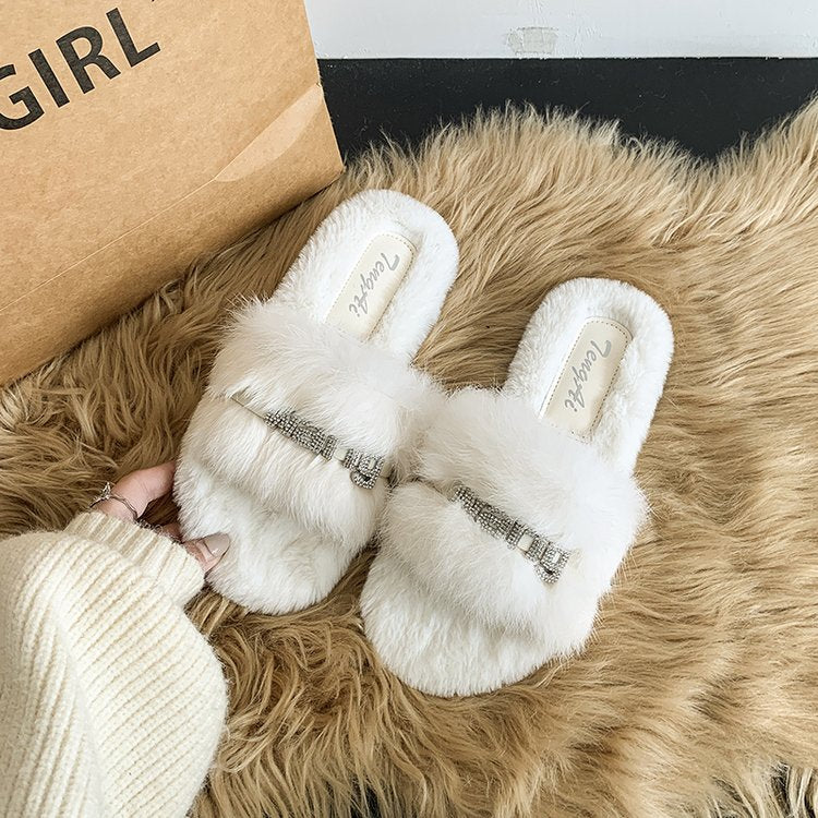 Women's Furry Slippers, New Letter Embroidered Fleece Single Band Slides, Versatile Outdoor Women's Shoes