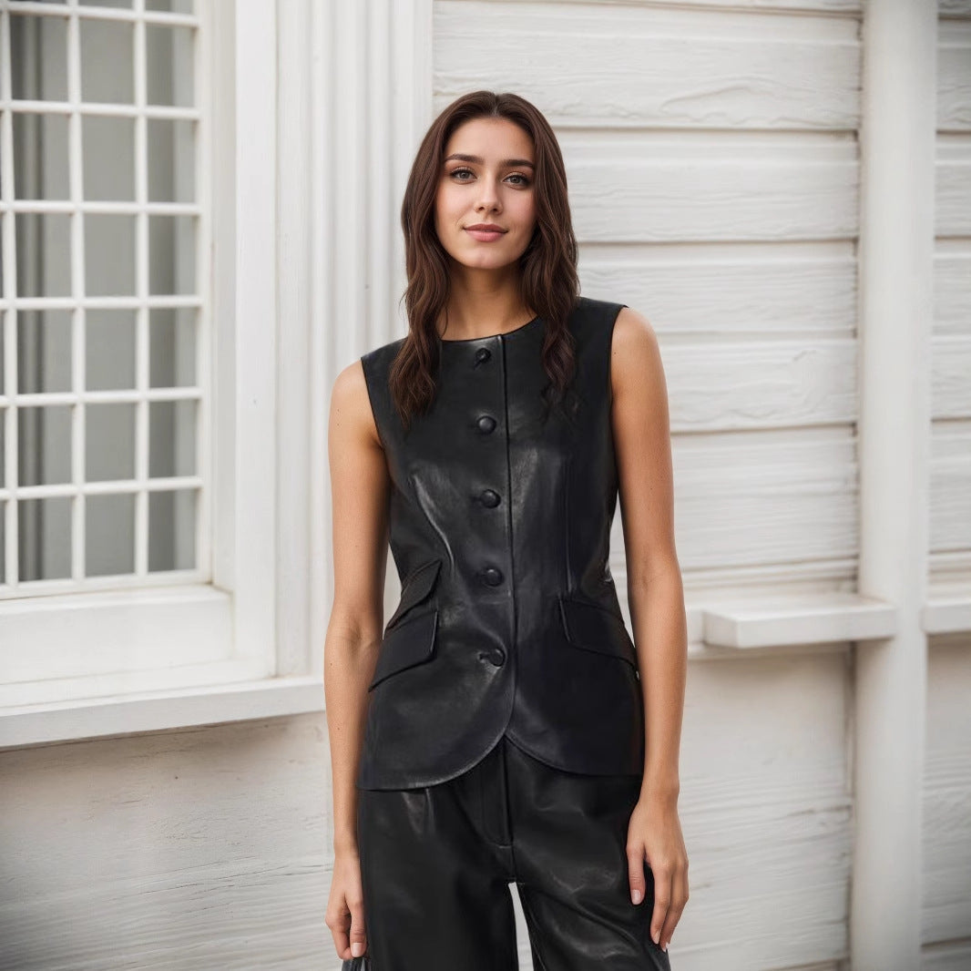Black Single-Breasted Leather-Look Womens PU Leather Vest