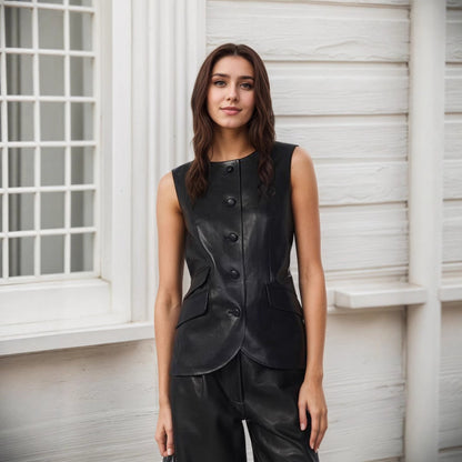 Black Single-Breasted Leather-Look Womens PU Leather Vest