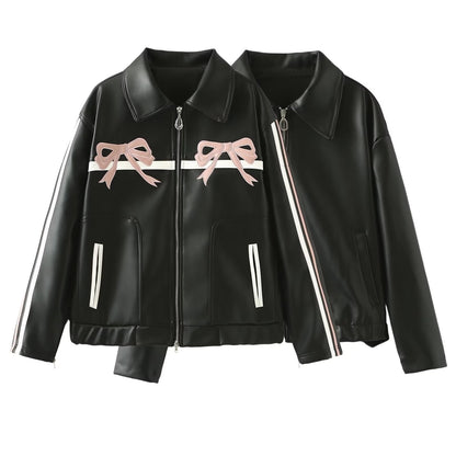 Women's Bow-Knot Zipper Leather Jacket