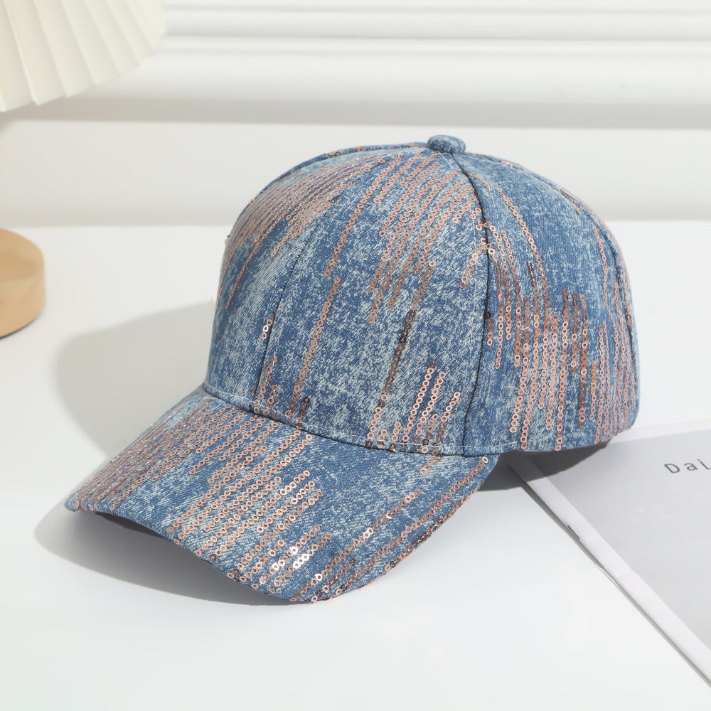 Full-pattern Vertical Sequin Washed Denim Baseball Cap, Suitable For Women's Outdoor Outings And Date Occasions, Versatile And Easy To Wear