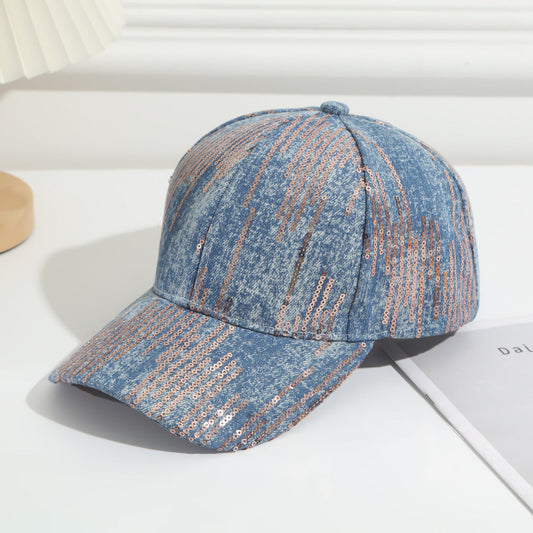 Full-pattern Vertical Sequin Washed Denim Baseball Cap, Suitable For Women's Outdoor Outings And Date Occasions, Versatile And Easy To Wear