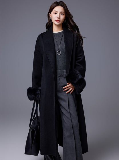 Thickened Coat With Fox-fur Sleeves Womens Belted Wool Blend