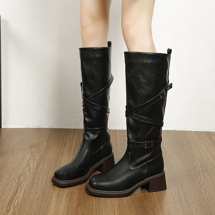 Women's Platform Cross Buckle Knee-High Boots, Ruched Chunky Heel Tall Knight Boots
