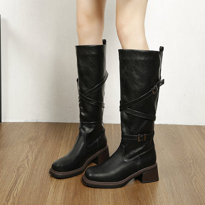 Women's Platform Cross Buckle Knee-High Boots, Ruched Chunky Heel Tall Knight Boots
