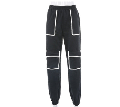 White Stripe Cargo Pants Women Trousers Pockets Patchwork Contrast Color High Waist Pants Hip Hop Capris