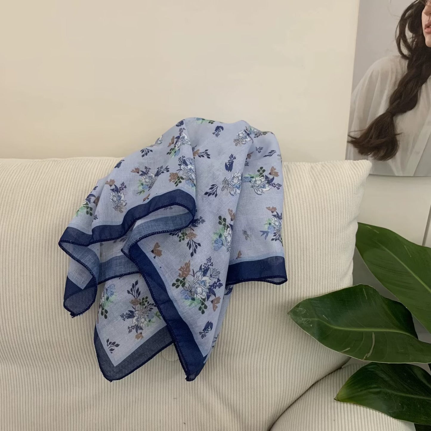 Korean-style Cashew Flower Cotton-Linen Square Scarf For Women