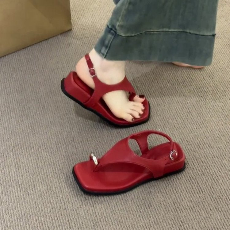 2025 Summer New French Vintage Roman Sandals, Toe Loop Backless Square Toe Wedge Sandals