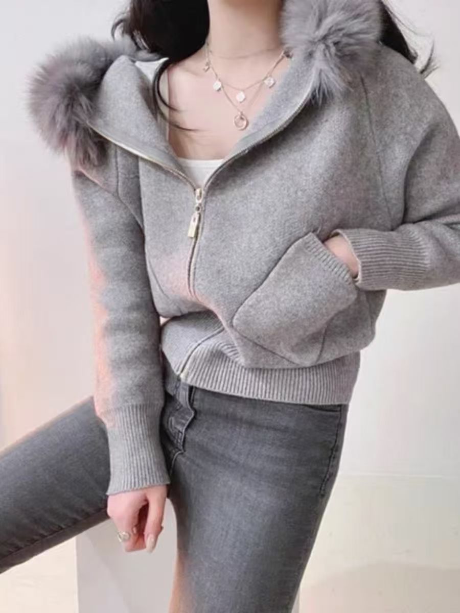 Thickened Hooded Large Fur Collar Knitted Women's Clothing Loose Casual Sweater