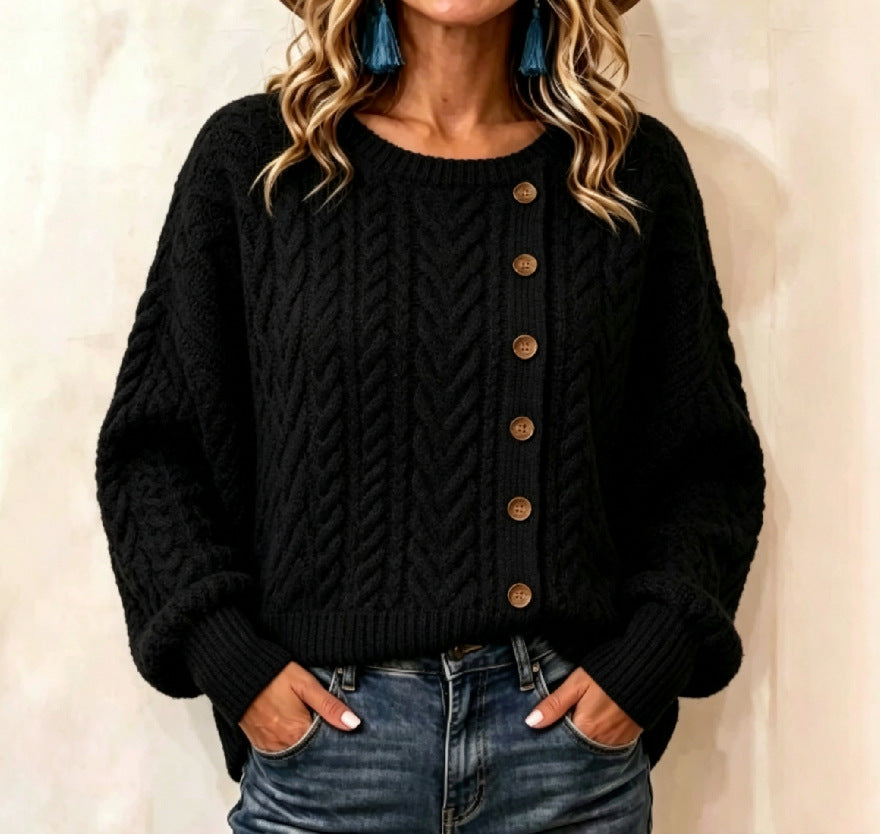 Womens Knitted Casual Comfortable Long-Sleeve T-Shirt With Buttons