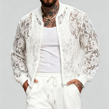 Mens Lace-See-Through Long-Sleeve Aviator Jacket
