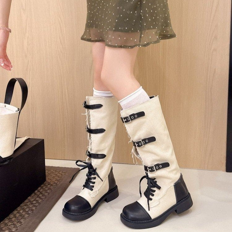 Women Retro Color Block Fringe Knee High Boots Lace Up Multi Buckle Thick Heel Western Knight Boots
