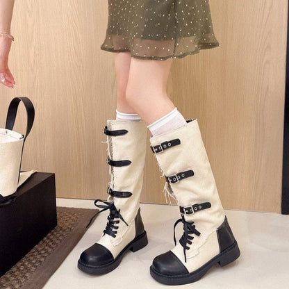 Women Retro Color Block Fringe Knee High Boots Lace Up Multi Buckle Thick Heel Western Knight Boots
