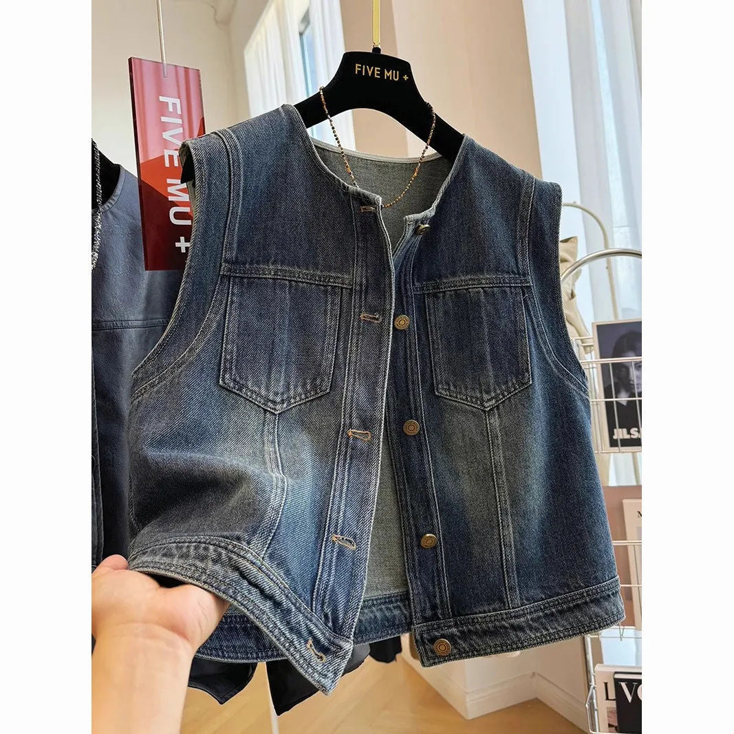 Round-neck Loose-fit Figure-flattering Denim Vest Jacket