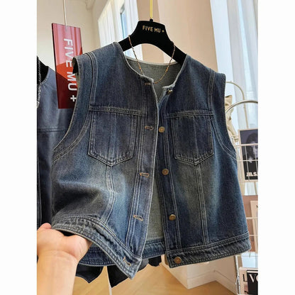 Round-neck Loose-fit Figure-flattering Denim Vest Jacket