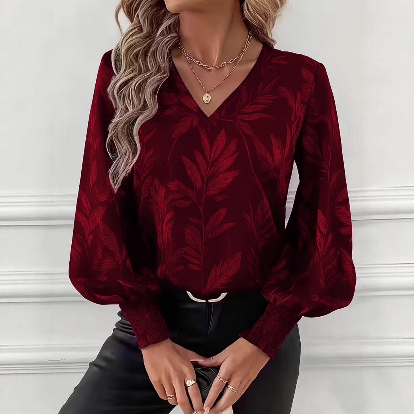 Womens Loose-Fit Printed Long-Sleeve Ruffled Shirt