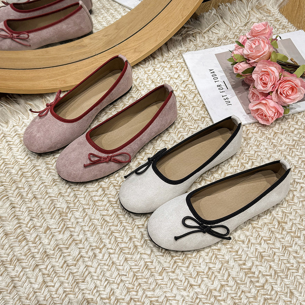 Women French Suede Bow Soft Sole Ballet Flats 2026 New Fairy Style Slip On Mary Jane Pumps