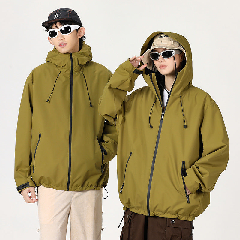 Outdoor Windproof And Waterproof Bomber Jacket Couples Style Hooded Trench Coat