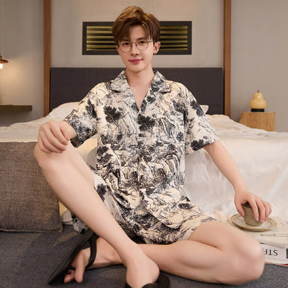 Mens Summer Cardigan Ice-silk Short-sleeve Top And Shorts