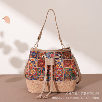 Vintage Printed Large-Capacity Women's Tote Bag With Wood-Grain Exterior And Wood-Grain Interior