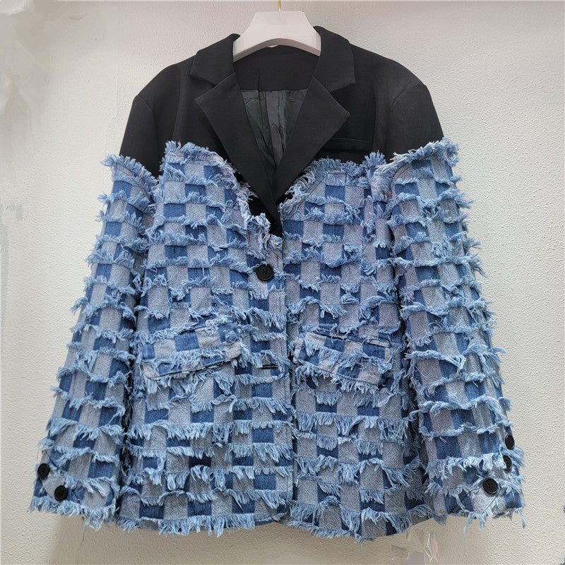 Stylish Tassel Denim Patchwork Blazer For Women