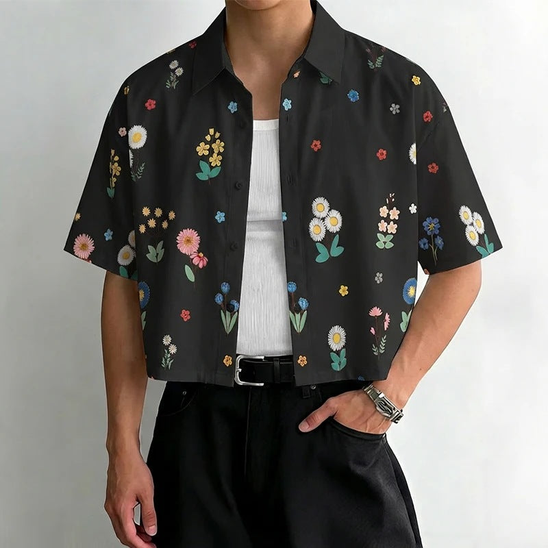 Mens Loose-fitting, Cropped, All-over Print Short-sleeve Shirt