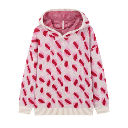 Women Casual Drop Shoulder Hooded Knit Top Pink Leopard Pattern Wool Blend Sweater