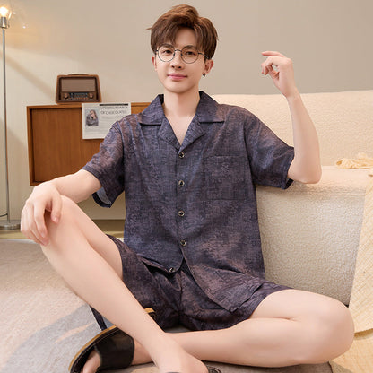 Mens Summer Cardigan Ice-silk Short-sleeve Top And Shorts
