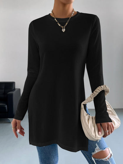 AliExpress Explosions Women's Long Sleeve Top TEMU Solid Color Hems Split Long T-Shirt Women