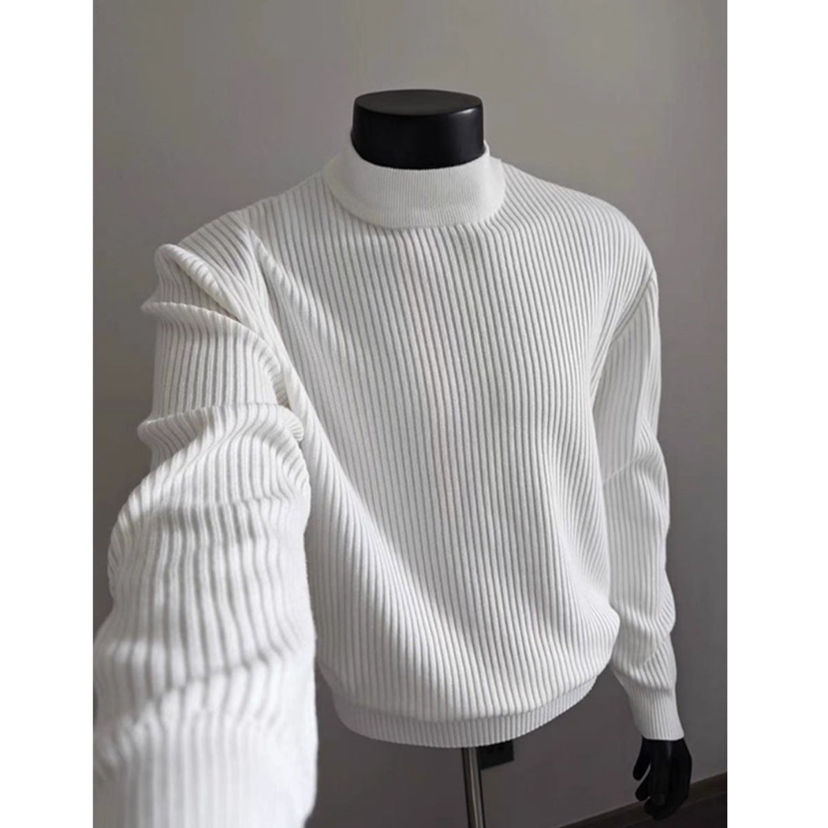 Mens White Ribbed Turtleneck Sweater Knitted Top