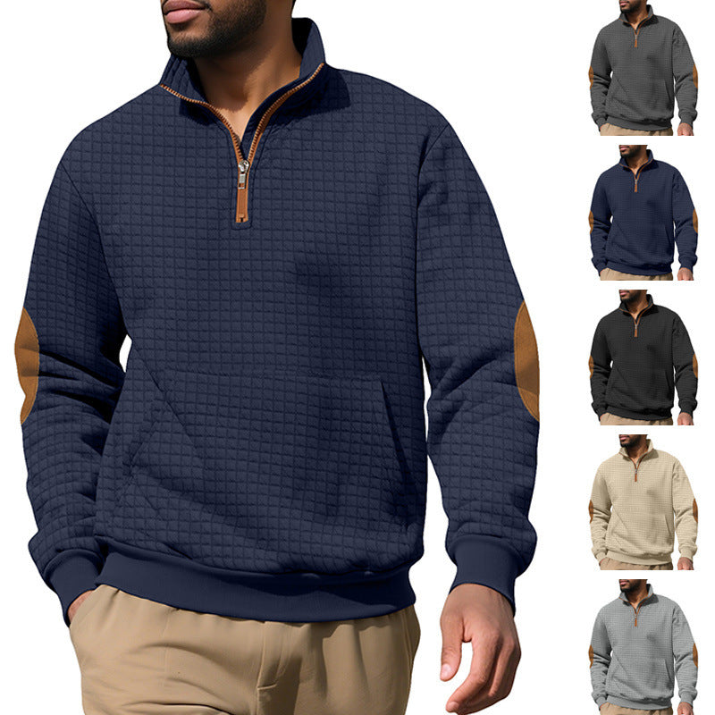 Mens Casual Long-sleeve Hoodie With A Zip-front And Suede Detailing