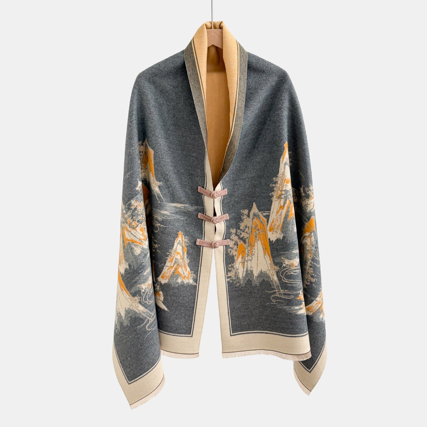 Vintage Knot-button Outerwear Jacquard Shawl