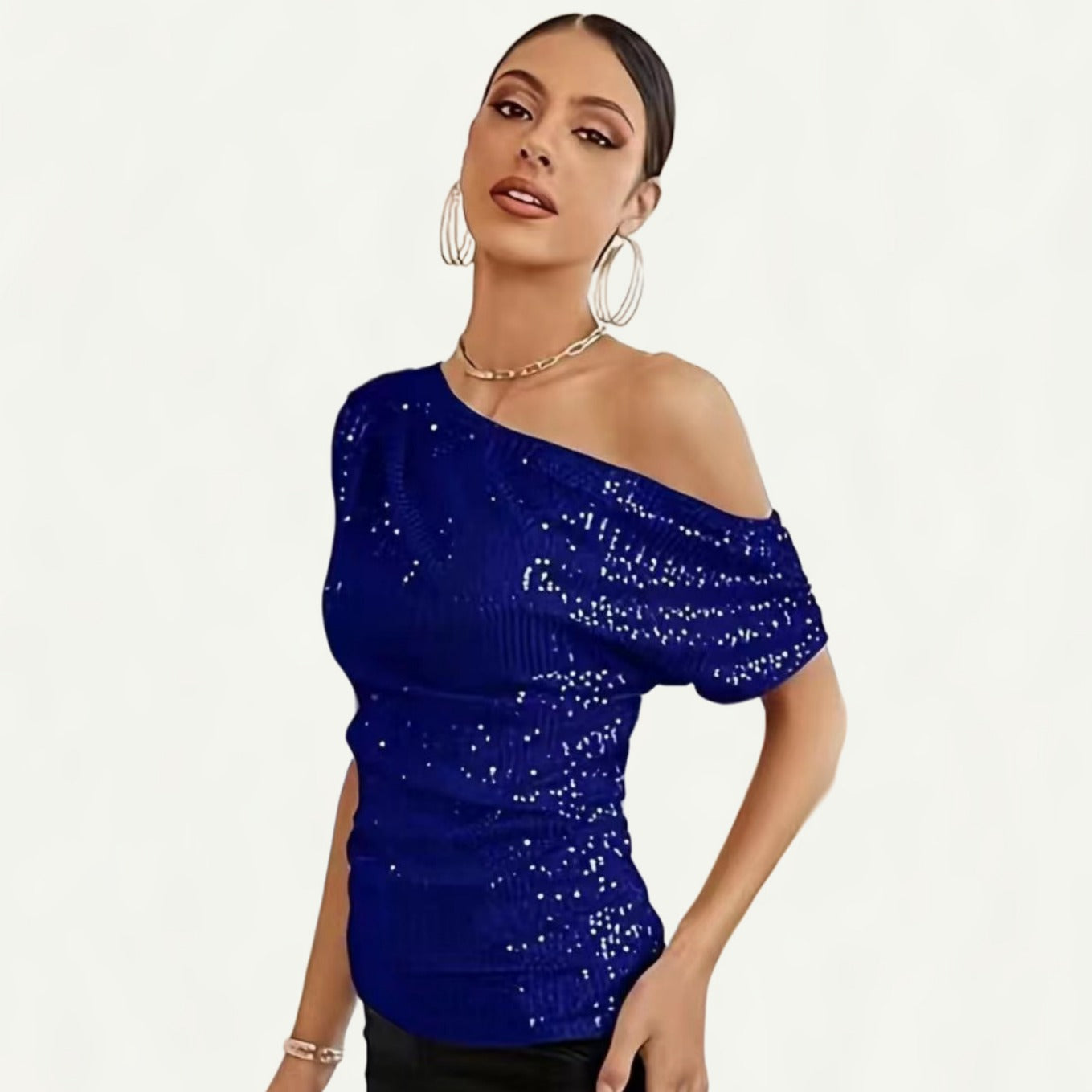 Sequin-Embellished Off-Shoulder Short-Sleeve Womens T-Shirt