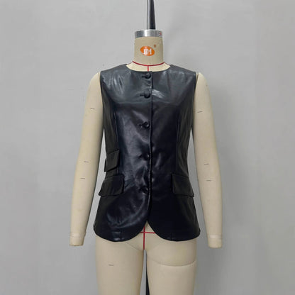 Black Single-Breasted Leather-Look Womens PU Leather Vest