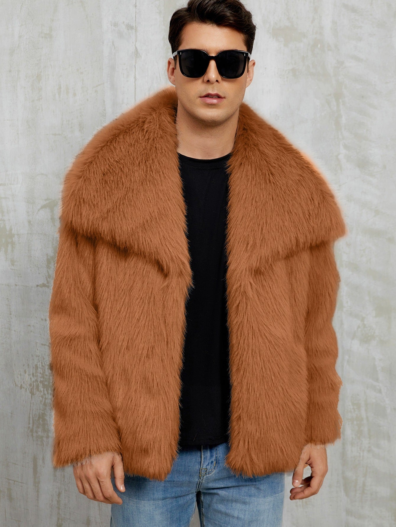 Mens Short Lapel-style Faux Fur Jacket Warm Outerwear